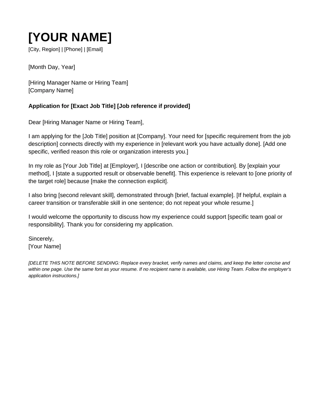 Cover letter template with specific prompts connecting real experience to the target role
