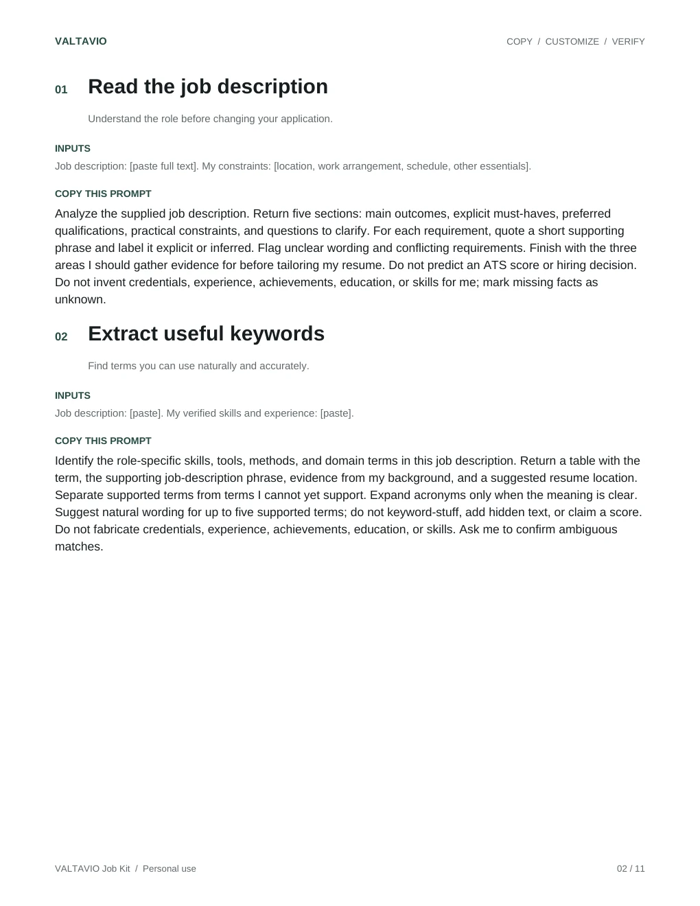 Actual AI prompt page with inputs, structured output instructions and explicit rules against inventing qualifications