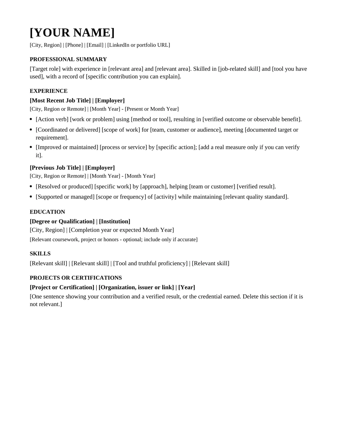 Classic single-column resume with editable experience, education, and skills placeholders